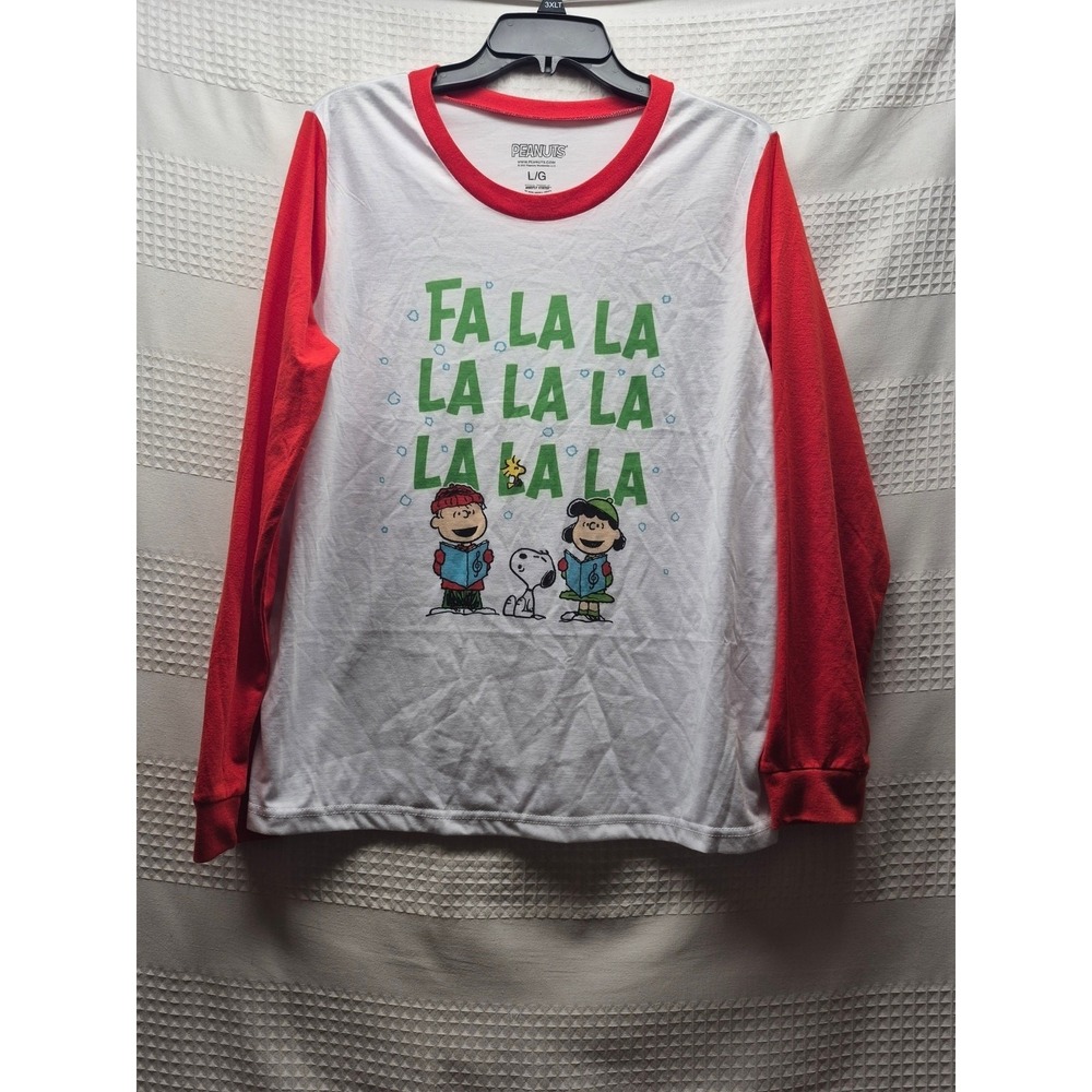 Peanuts Pajama Shirt Womens Large Red White Long Sleeve Christmas Snoopy s35